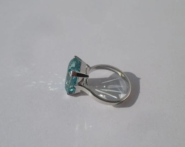 Bague 53.5 Bague cocktail rectangulaire en platine avec aigue-marine 7 carats 58 Facettes