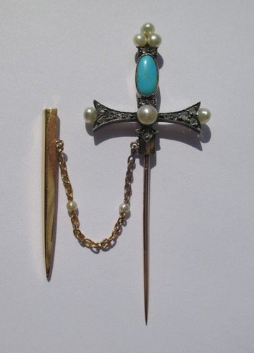Broche Broche épingle - Épée en or rose 18 carats, diamants, perles et turquoise 58 Facettes