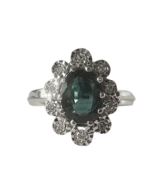 Bague 55 Bague Pompadour saphir vert et diamants en or blanc 18 carats 58 Facettes
