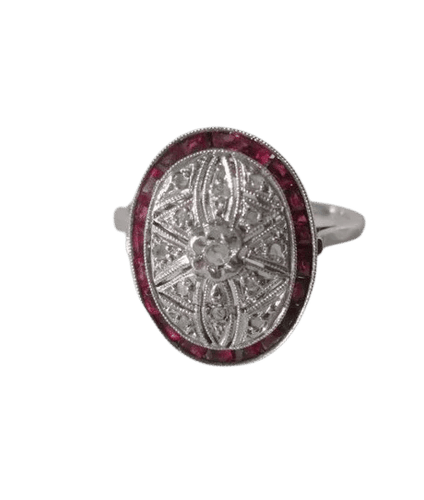 Bague 57 Art Déco - Bague en or blanc, diamants et rubis 58 Facettes