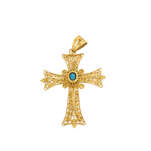 Pendentif Pendentif croix ciselée en or jaune 18K et cabochon turquoise 58 Facettes