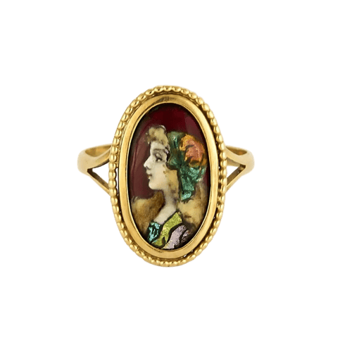 Bague 58 Bague ancienne en or jaune 18K avec émail de Limoges 58 Facettes