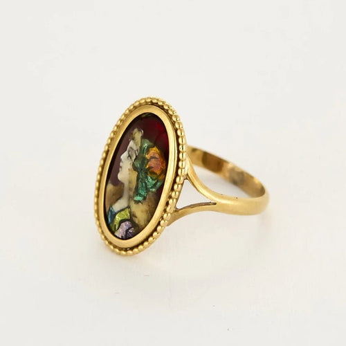 Bague 58 Bague ancienne en or jaune 18K avec émail de Limoges 58 Facettes