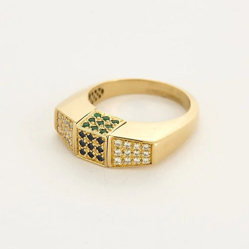 Bague 62 Premiers Joyaux - Bague tank en or jaune 18k sertie de diamants et pierres précieuses 58 Facettes