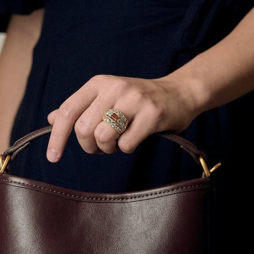 Bague 51.5 Bague large en or jaune 18k et platine, citrine madère et diamants 58 Facettes