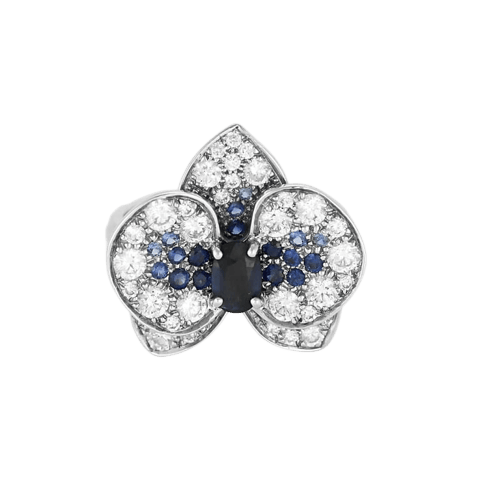 Bague 55.5 Orchidée - Bague en or blanc 18 k, diamants et saphirs 58 Facettes
