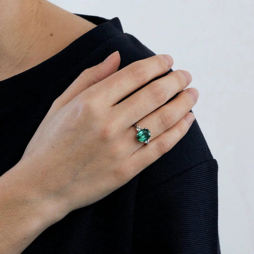 Bague 48.5 Bague en platine 950 avec tourmaline bleue-verte 4,15 ct et diamants 58 Facettes