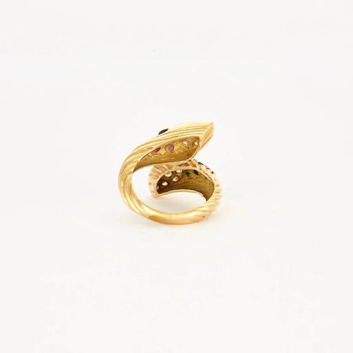 Bague 55 Bague Toi & Moi vintage en or jaune avec diamants, rubis et émeraudes 58 Facettes