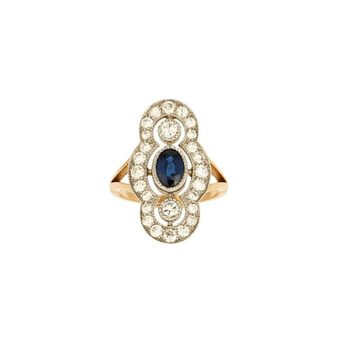 Bague 52.5 Bague style Art déco en or jaune et platine, diamants et saphir 58 Facettes