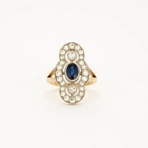 Bague 52.5 Bague style Art déco en or jaune et platine, diamants et saphir 58 Facettes