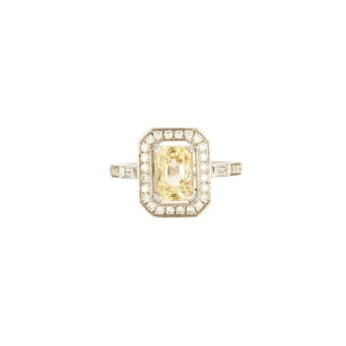 Bague 51 Bague style Art déco solitaire en or blanc 18K, diamants et saphir jaune 58 Facettes