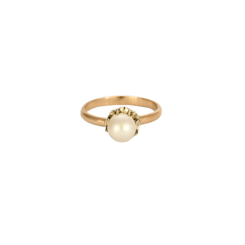 Bague 51.5 Bague solitaire ancienne en or rose et or blanc 18K avec perle 58 Facettes