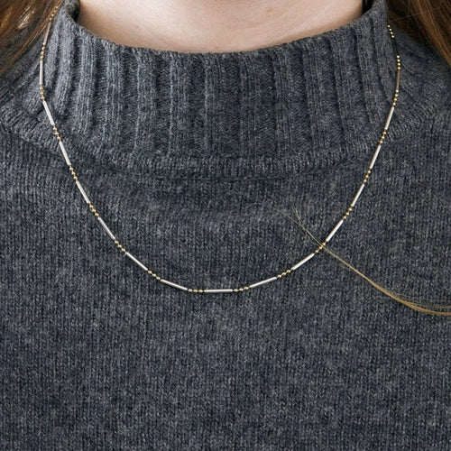 Collier Chaîne motif boules et barrettes en or jaune et or blanc 14K 58 Facettes