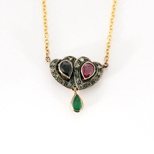 Collier Collier vintage en or jaune 14K et argent, diamants et pierres précieuses 58 Facettes