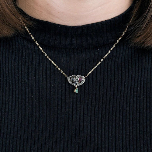 Collier Collier vintage en or jaune 14K et argent, diamants et pierres précieuses 58 Facettes