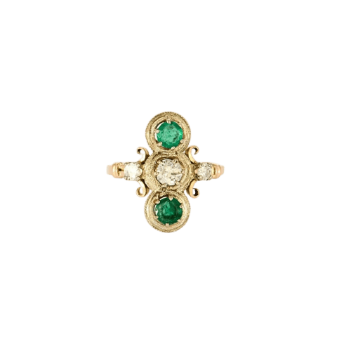 Bague 52 Bague ancienne en or rose et or blanc avec diamants et émeraudes 58 Facettes