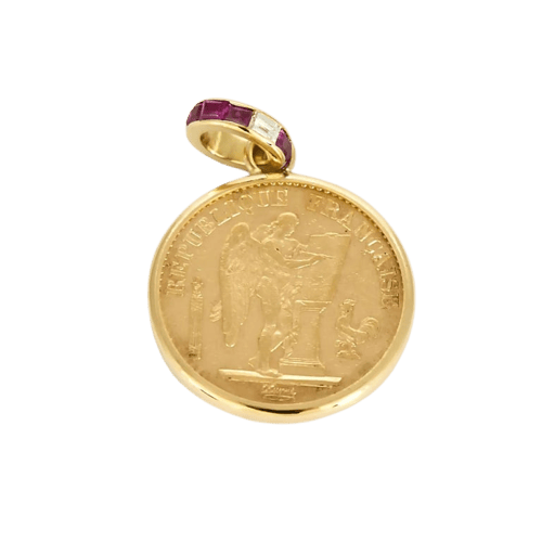 Pendentif Pendentif médaille 20 Fr - Pièce en or jaune 750 sertie rubis et diamants 58 Facettes