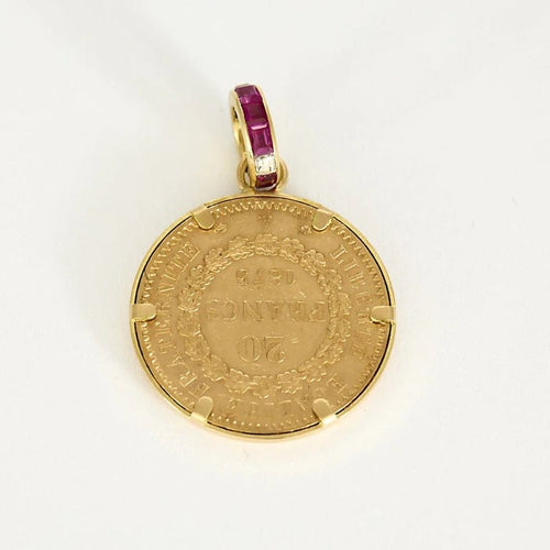 Pendentif Pendentif médaille 20 Fr - Pièce en or jaune 750 sertie rubis et diamants 58 Facettes