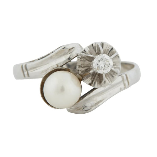 Bague 54 Bague en or blanc 18 carats avec perle de culture et diamant 58 Facettes REF 6010/16