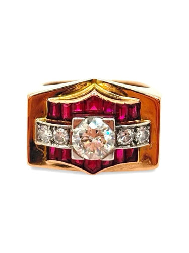 Bague 55.5 Tank - Bague vintage en or rose, diamants et rubis 58 Facettes