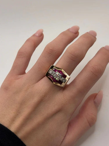Bague 55.5 Tank - Bague vintage en or rose, diamants et rubis 58 Facettes