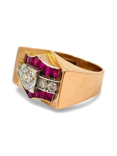 Bague 55.5 Tank - Bague vintage en or rose, diamants et rubis 58 Facettes
