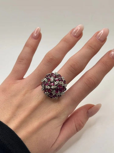 Bague 58 Bague ancienne en or blanc 18K sertie de diamants et rubis 58 Facettes