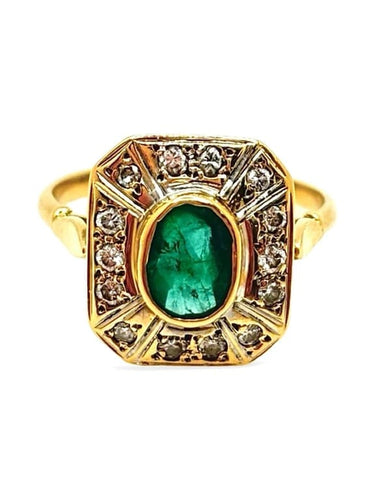 Bague 53.5 Bague en or jaune 18K avec émeraude 1 ct et diamants 0,15 ct 58 Facettes