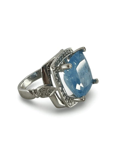 Bague 58 Bague en or blanc 18K avec aigue-marine 11,12 ct et diamants 58 Facettes 00016401