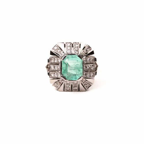 Bague 53 Bague style Art déco en or blanc et platine, émeraude colombienne et diamants 58 Facettes LMB-325
