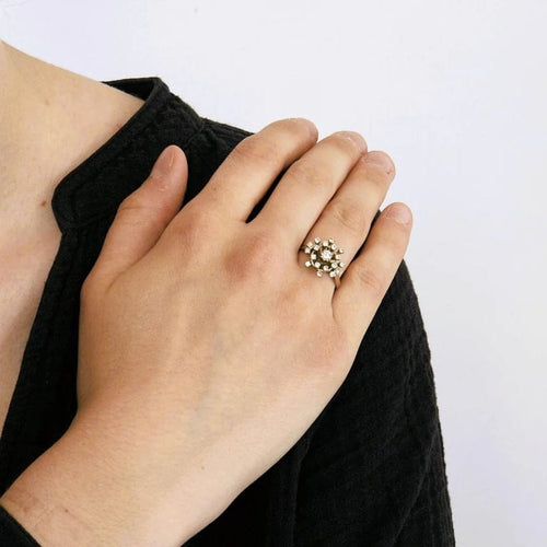 Bague 57 Bague marguerite double halo en or jaune 14K et diamants 58 Facettes LMB-136