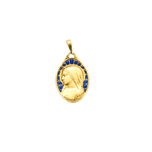 Pendentif Emile Dropsy - Médaille Vierge ovale en or jaune et émail plique-à-jour 58 Facettes