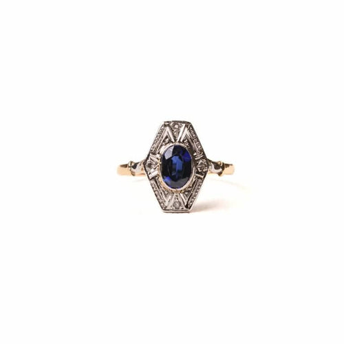 Bague 53.5 Bague ancienne hexagonale en or jaune 18K, saphir synthétique et diamants 58 Facettes LMB-271
