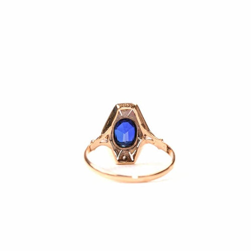 Bague 53.5 Bague ancienne hexagonale en or jaune 18K, saphir synthétique et diamants 58 Facettes LMB-271