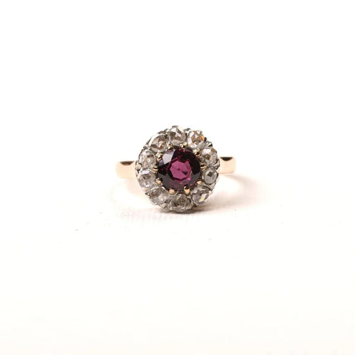 Bague 51 Bague marguerite ancienne en or rose 18K, rhodolite et diamants 58 Facettes LMB-265