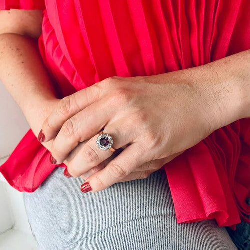 Bague 51 Bague marguerite ancienne en or rose 18K, rhodolite et diamants 58 Facettes LMB-265