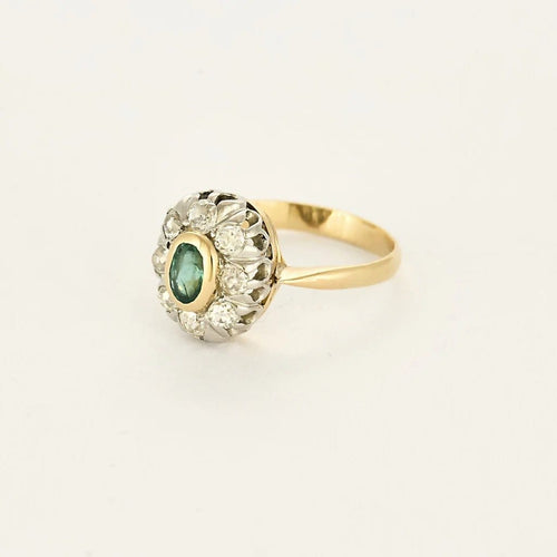Bague 55 Bague marguerite ancienne en or deux tons, émeraude et diamants 58 Facettes LMB-289