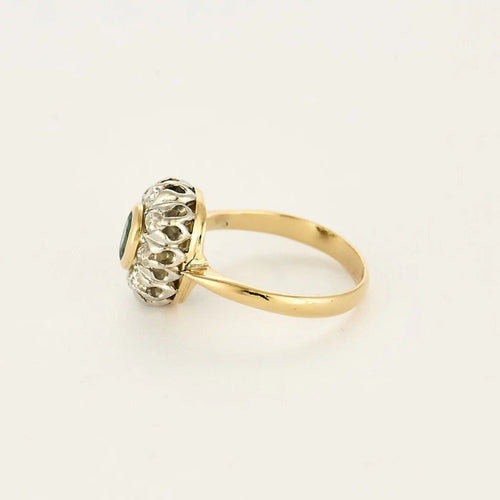 Bague 55 Bague marguerite ancienne en or deux tons, émeraude et diamants 58 Facettes LMB-289