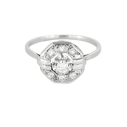 Bague 57 Bague Art déco octogonale en or blanc et platine, diamants 58 Facettes LMB-300