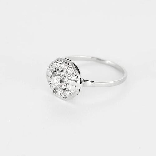 Bague 57 Bague Art déco octogonale en or blanc et platine, diamants 58 Facettes LMB-300