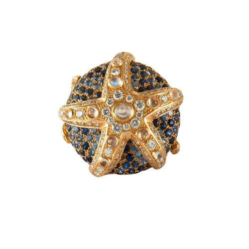 Bague 54.5 Bague étoile de mer en or jaune avec saphirs, diamants et pierres de lune 58 Facettes