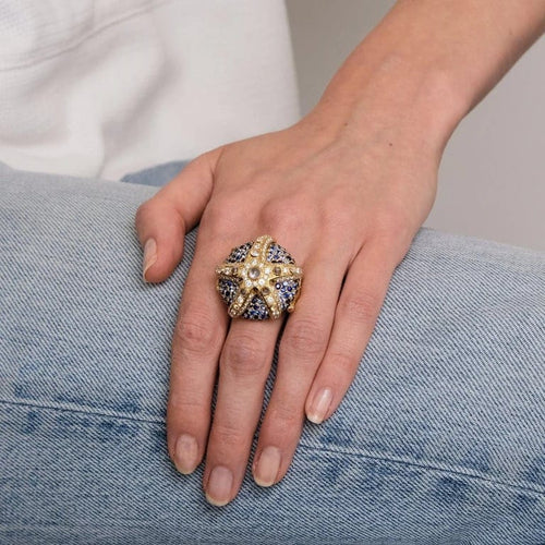 Bague 54.5 Bague étoile de mer en or jaune avec saphirs, diamants et pierres de lune 58 Facettes