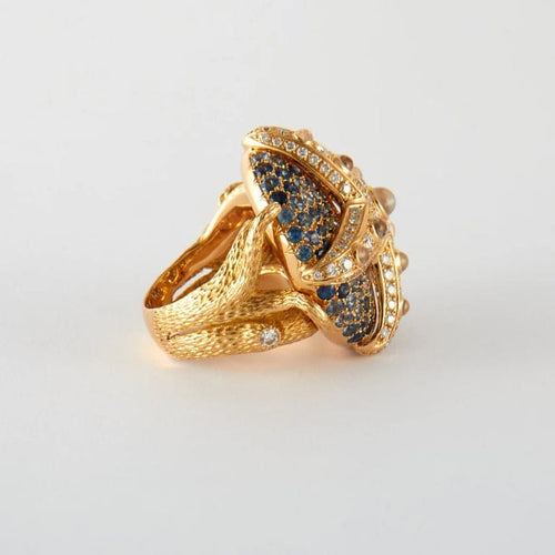 Bague 54.5 Bague étoile de mer en or jaune avec saphirs, diamants et pierres de lune 58 Facettes