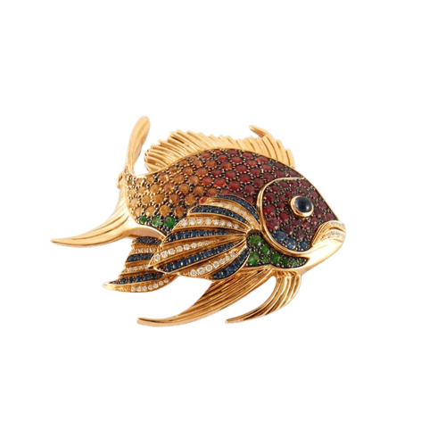 Broche Broche poisson arc-en-ciel en or jaune 18 carats, saphirs et diamants 58 Facettes
