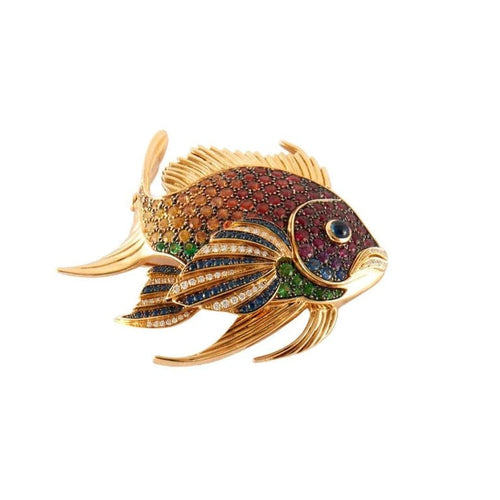 Broche Broche poisson arc-en-ciel en or jaune 18 carats, saphirs et diamants 58 Facettes