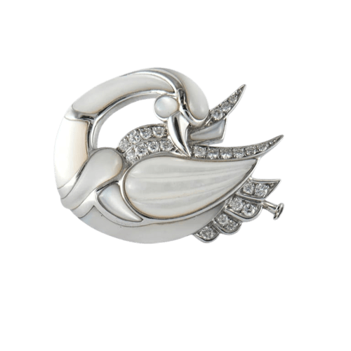 Broche Broche cygne en or gris et nacre, diamants 58 Facettes