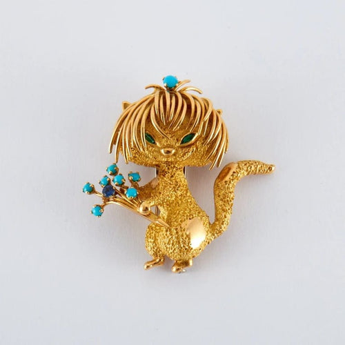 Broche Broche chat en or jaune 18k, turquoises, émeraudes et saphir 58 Facettes 2.173