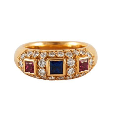 Bague 52 Bague carrée en or jaune 18K, saphir, rubis et diamants 58 Facettes 2.131