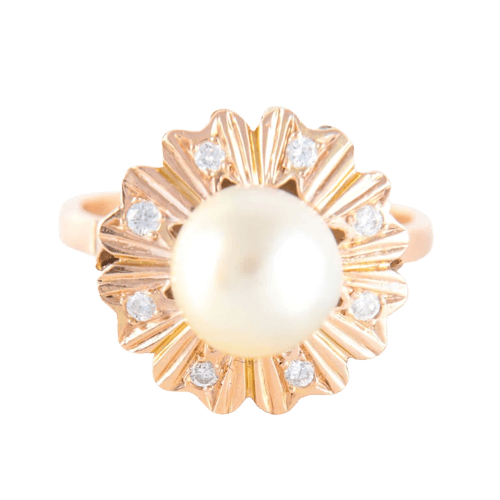 Bague 56 Bague fleur en or jaune 18K sertie d’une perle et diamants 58 Facettes LP 917