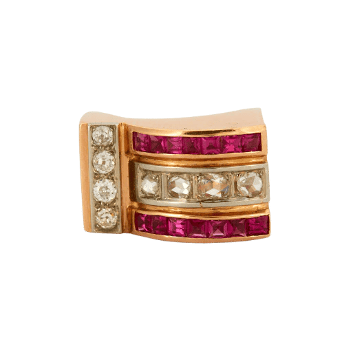 Bague 60 Bague tank années 1940 en or jaune 18K rubis et diamants 58 Facettes